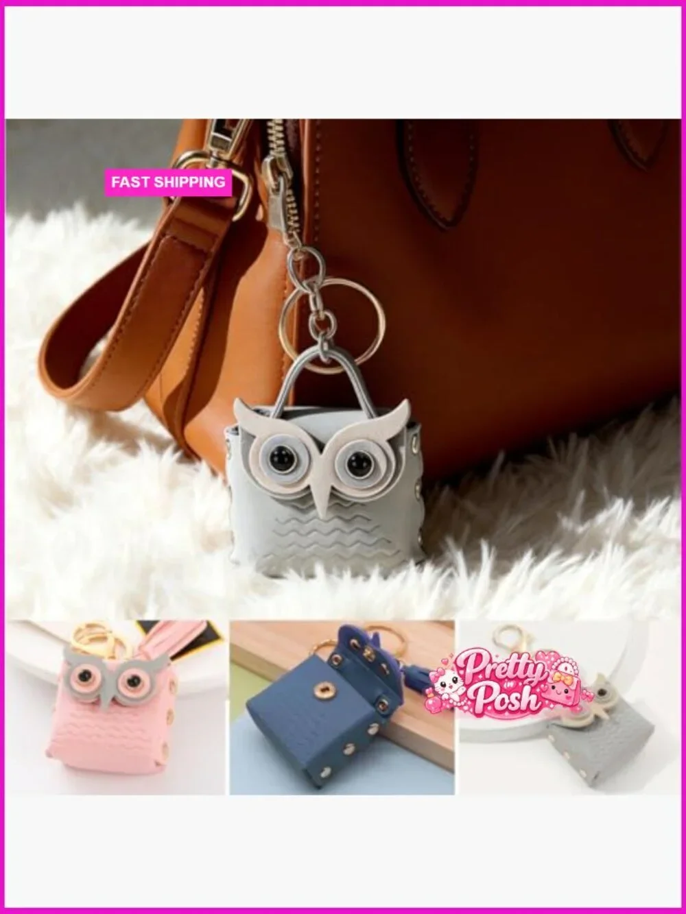 PU Leather Owl Mini Backpack Keychain with Tassel and Snap Closure